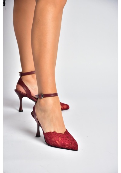 Fox Shoes Y752044206 Bordo Dantelli İnce Topuklu Kadın Ayakkabı