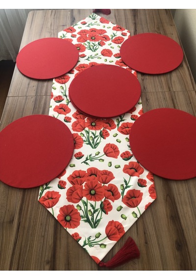 Kırmızı Gelincik Desenli Runner & Supla Çok Renkli
