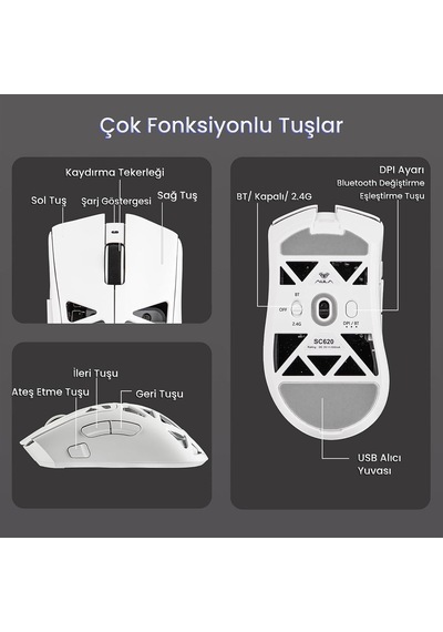 Sc620 Paw3311 Sensör 12000 Dpı 1000hz Kablolu Ve Kablosuz Gaming Oyuncu Mouse Beyaz
