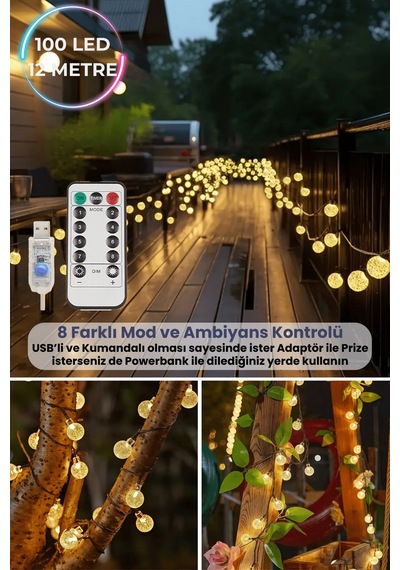 Technosmart 100 Ledli Usbli Kumandalı 8 Modlu Kristal Toplu Işık Parti Süsleme Organizasyon Sarı