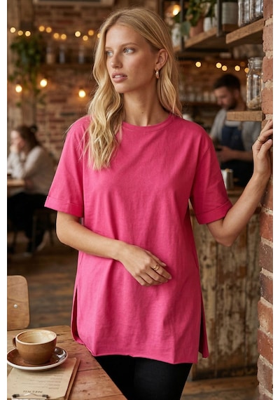 Armonika Kadın Fuşya Yuvarlak Yaka Duble Kol Yanları Yırtmaçlı Pamuklu T-shirt Arm-26y137001 Armonika Kadın Fuşya Yuvarlak Yaka Duble Kol Yanları Yırtmaçlı Pamuklu T-shirt Arm-26y137001