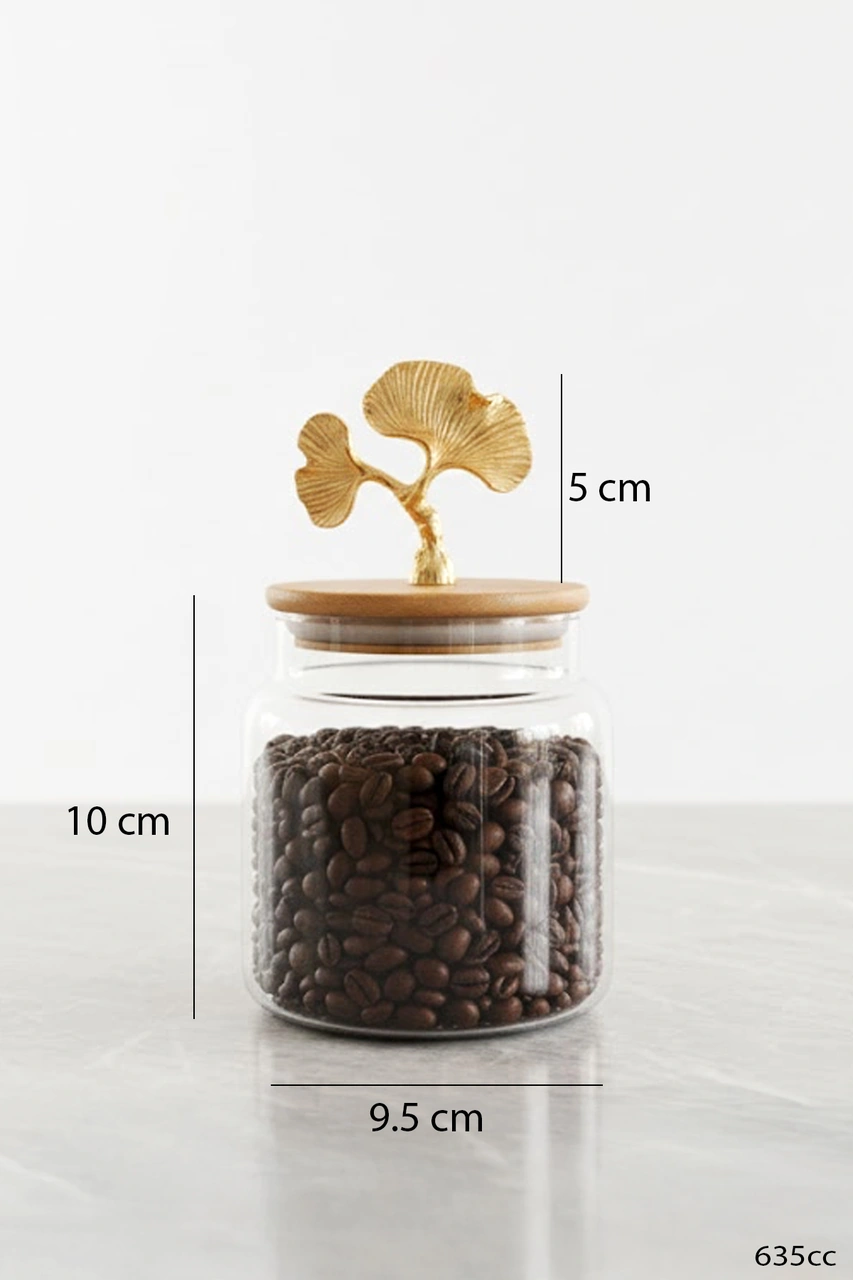 Altın Ginkgo Figürlü 3 Lü Cam Kavanoz Seti Bambu Kapaklı 635 Cc Saklama Kabı Şeffaf