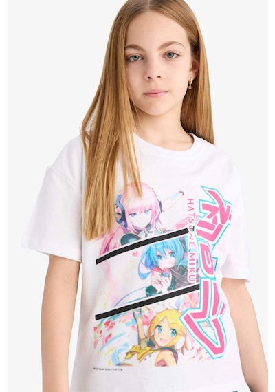 DeFacto Kız Çocuk Hatsune Miku Relax Fit Bisiklet Yaka Kısa Kollu Tişört E6516A825HSWT34 Beyaz