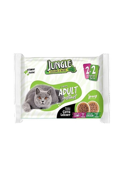 3 Adet Jungle 4 100 Gr. Çift Lezzet Pouch Yetişkin Kedi Kuzulu - Tavuklu