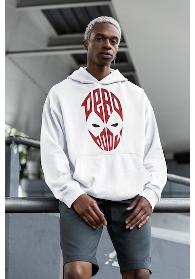 Sevbano Tasarım Deadpool Maske Baskılı Unisex Oversize Hoodie Beyaz