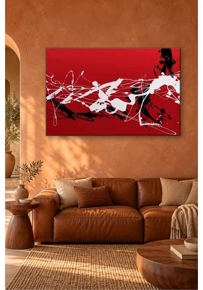 Fida Kırmızı Zeminde Beyaz Ve Siyah Damlatma Canvas Tablo