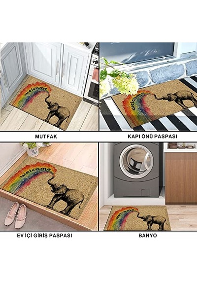 Tasarımlı Dekoratif Kapı Önü Paspas, Dış Mekan/ev İçi/banyo/mutfak/yatak Odası/giriş Paspasları Welcome Fil Çok Renkli