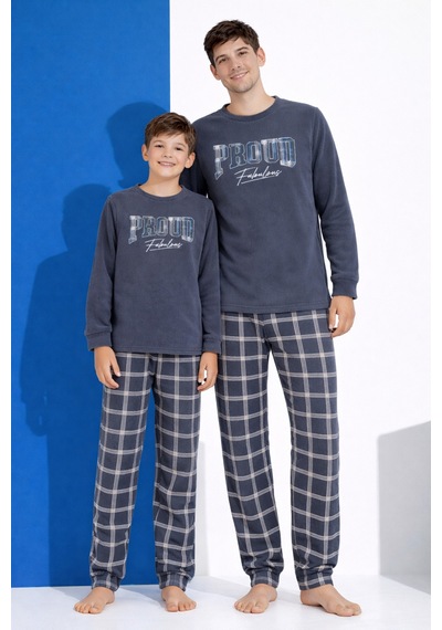 Free Beka Erkek Lacivert Ekose Desenli Uzun Kollu Baba-oğul Polar Kumaş Kışlık Kalın Pijama Takımı Gri