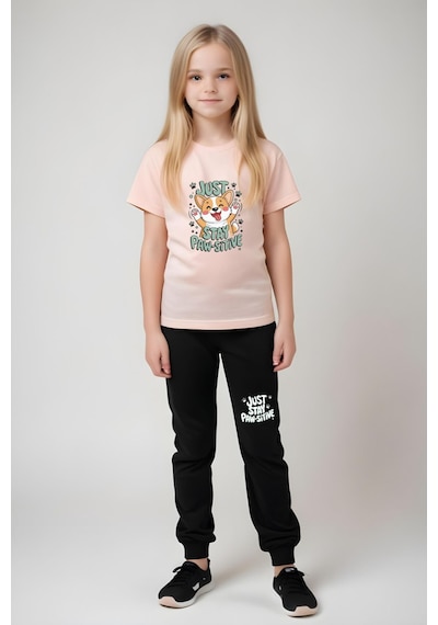 Panios Kids Just Stay Paw Baskılı Kız Çocuk Tişört Ve Eşofman Alt-üst Takım Somon