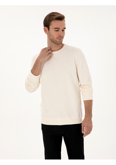 Ekru Regular Fit %100 Pamuk 3 İplik Bisiklet Yaka Sweatshirt Bej