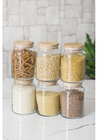 6 Lı Set Bambu Kapaklı Cam Kavanoz & Erzak Saklama Kabı 800 Ml Orta Boy Vakum Kapak Diğer