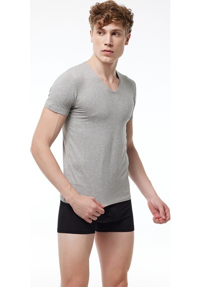 Malabadi Erkek Gri 2 Li V Yaka Kısa Kollu Pamuk Elastan Fanila T-shirt 092 Grimelanj