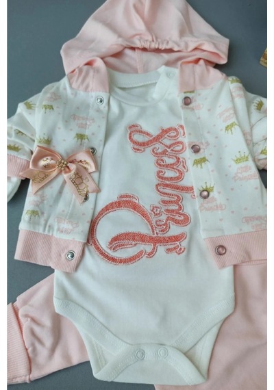 Kız Bebek Kapşonlu Hırkalı Takım 3lü Pembe