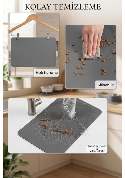 Matgo Pati Mama Çeken Kedi Gri Renk Beslenme Matı Kaymaz Sıvı Geçirmez Kedi Köpek Mama Paspası 50x70cm