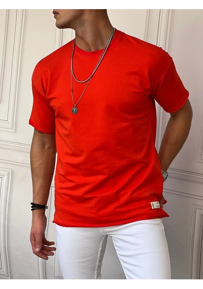 Modefendi Pamuk Likra Yırtmaç Detaylı 2 İplik Oversize Tshirt Kırmızı