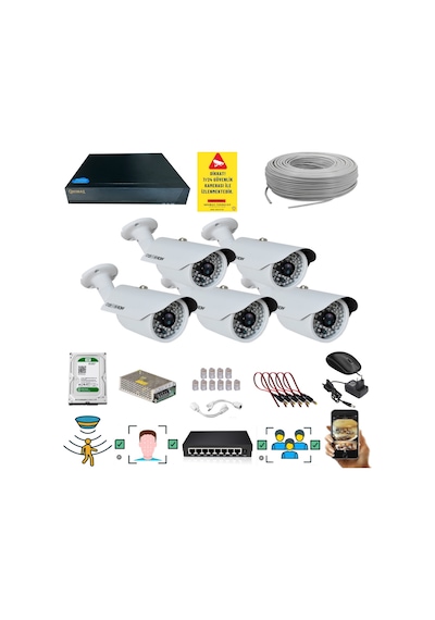 5 Kameralı Set - 5 Mp 1940p Sensör 6 Megapiksel Sony Lens Metal Kasa Ip Güvenlik Kamerası Seti