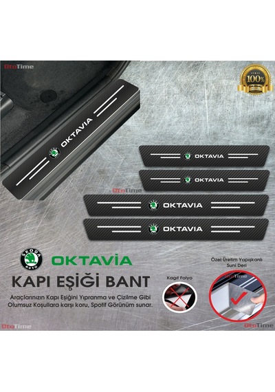 Skoda Oktavia Logolu Karbon Kapı Eşiği Koruyucu Suni Deri 4'lü Set