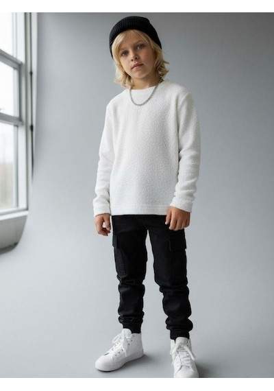 Zekids Erkek Çocuk Uzun Kollu İnce Triko T-shirt-16692 Beyaz