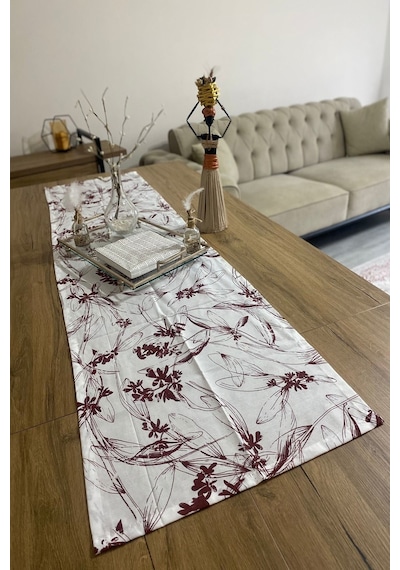 40x150 Bordo Çiçekli İnce Keten Dekoratif Runner