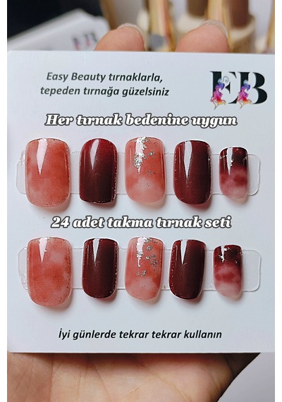 24 Adet Doğal Görünümlü Bordo Kısa Takma Tırnak Seti Yapıştırıcı Bant Hediyeli R681 Naturel