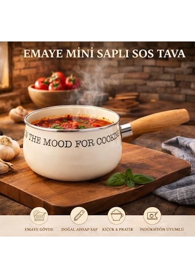 Emaye Mini Saplı Sos Tavası In The Mood For Ing Yazılı, Krem Renk, Doğal Ahşap Saplı, İndüksiyon Uyumlu Küçük Süt Ve Sos Tenceresi 12v