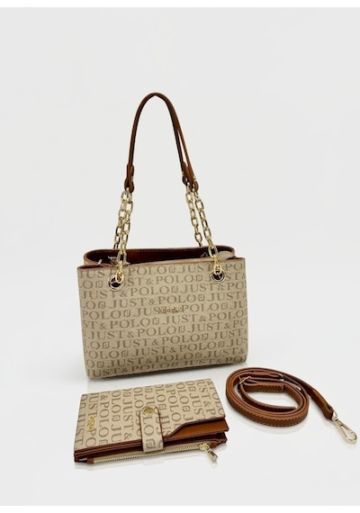 Just Polo Özel Günlere Uygun Baskılı Şık Omuz Çantası Ve Cüzdanı Kombin Shopper Vizon - Taba