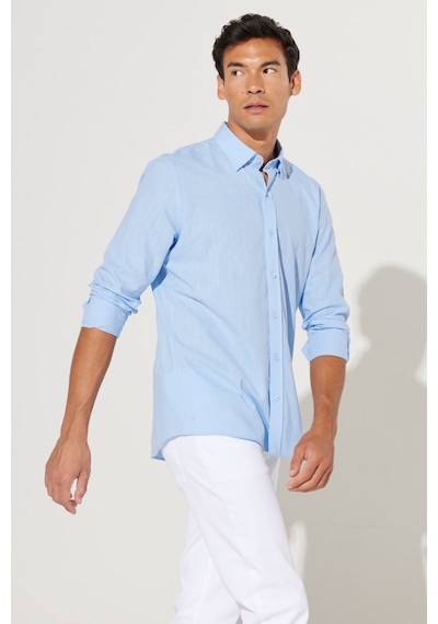 AC&Co / Altınyıldız Classics Tailored Slim Fit Dar Kesim Düğmeli Yaka %100 Pamuk Erkek Gömlek Mavi