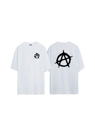 Thewert Unisex Anarşi Ön Arka Baskılı Beyaz Oversize T-shirt
