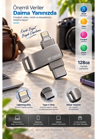 Lightning Type C Destekli 128gb Taşınabilir Usb Flash Bellek Fotoğraf Video Ve Dosya Aktarımı