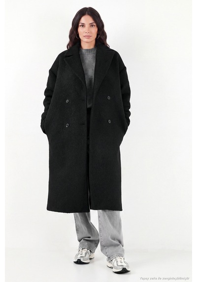 Lela Oversize Fit Mono Yaka Düğmeli Buklet Uzun Kaşe Kaban Kadın Kaban 6811997 Siyah