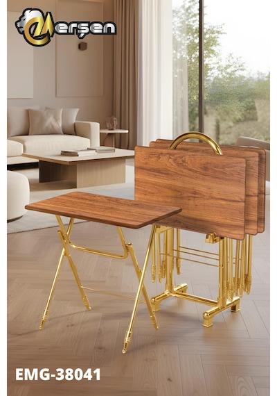 Eranş Serisi 4'lü Katlanır Mdf Mebran Ahşap Çanta Zigon Sehpa Gold Ayak Ceviz Gold Ayak