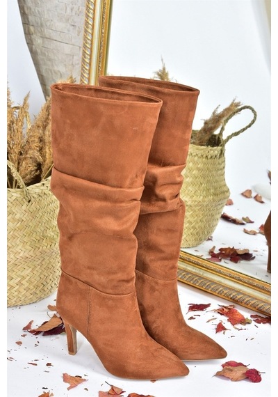 Fox Shoes Taba Süet Ince Topuklu Kadın Çizme L404868002
