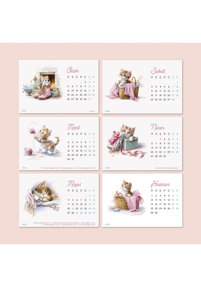 2027 Sevimli Yavru Kedili Masa Takvimi Doğal Ahşap Tabanlı Takvim Pastel Pembe Kedi İllüstrasyon