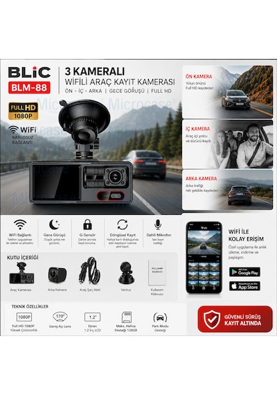 Microcase 3 Kameralı Wifi Araç İçi Kayıt Kamerası Full Hd Gece Görüşlü Araç Kamerası Al5755