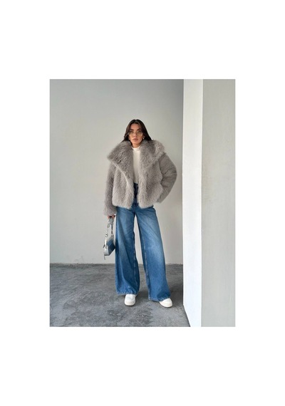 Tille Miss Dame Yumuşak Dokunuşlu Oversize Peluş Mont Açık Gri Açık Gri