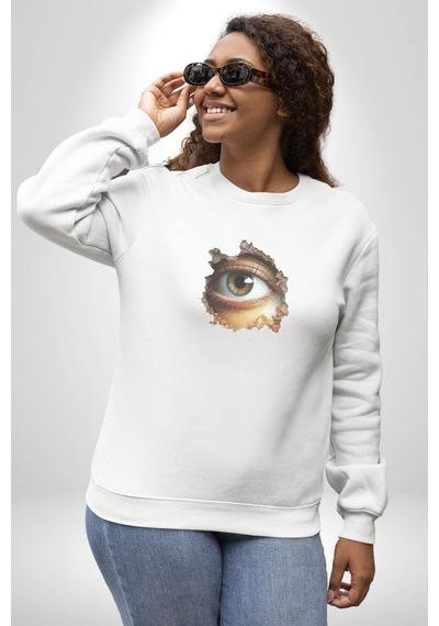 Duvardan Biri Bizi Gözetliyor Unisex Beyaz Baskılı Sweatshirt Beyaz