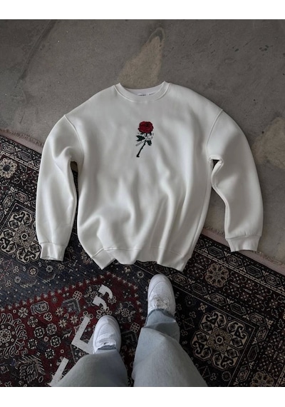 Unisex Bisiklet Yaka Ön Ve Arka Baskılı Sweatshirt - Beyaz Beyaz