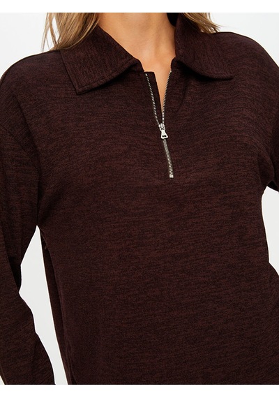 Faik Sönmez Yarım Fermuarlı Triko Görünümlü Sweatshirt W26swt001 Uw26swt00183 Koyu Kahve