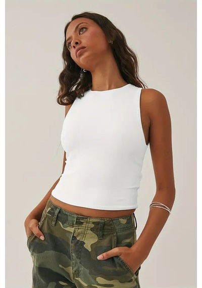 Tarz Cool Kadın Atlet Düz Basic Crop Kolsuz T-shirt Beyaz
