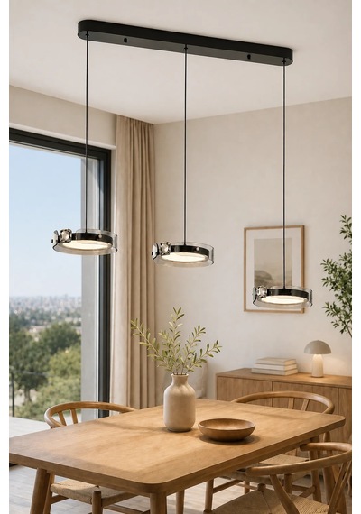 3'lü Modern Premium 3 Renkli Ledli Sarkıt Avizesi Salon Mutfak Yemek Masası Üstü Şık Modelleri 86w Siyah