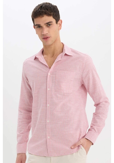 DeFacto %100 Pamuk Modern Fit Polo Yaka Çizgili Uzun Kollu Gömlek E5046AX25SMRD92