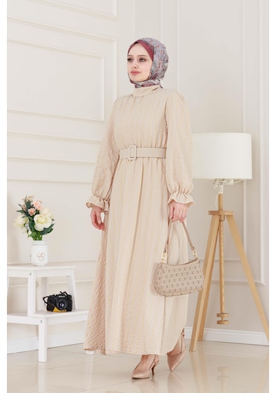 Sevitli Kolu Volanlı Kemerli Henna Elbise-bej-5057 Bej