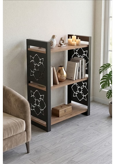 85 Cm 3 Katlı Endüstriyel Kitaplık, Konsol, Çiçeklik, Çok Amaçlı Raf 2810 Atlantik Çam - Siyah
