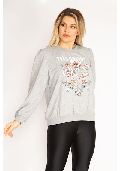 Şans Kadın Büyük Beden Gri 3 İplik Kalın Ön Baskılı Omuz Büzgülü Ribanalı Sweatshirt 65n37105-gri Gri