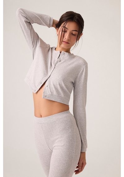 Los Ojos X Ece Gri Melanj Petek Dokulu Düğmeli Pijama Takımı Pointelle Pj Gri Melanj Gri Melanj