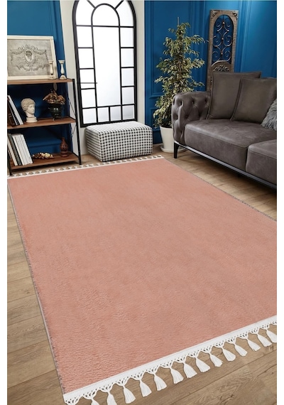 Vl Comfort Düz Saçaklı Peluş Halı Ekru Pembe