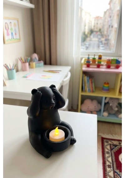 Dekoratif Tealight Mum Hediyeli Ayı Panda Tasarım Vegan Siyah