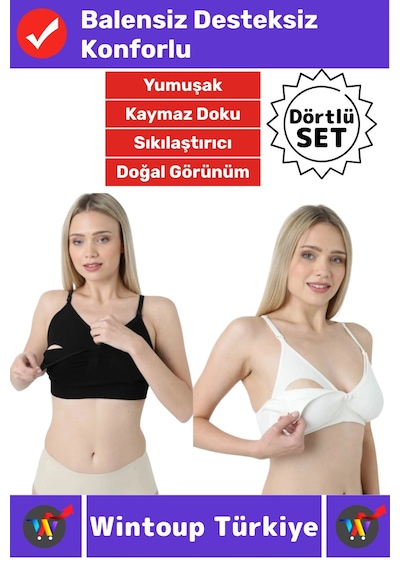 Wintoup Emzirme Sütyeni Klipsli Pamuklu Hamile Lohusa Dikişsiz Balensiz Desteksiz Emzirme Sütyeni 4'lü Set Beyaz - Siyah