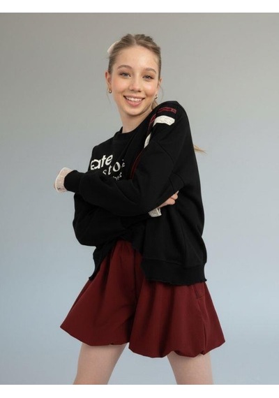 Kız Çocuk Asimetrik Kesim Güpür Detaylı Oversize Tasarım Sweatshirt-16767 Siyah