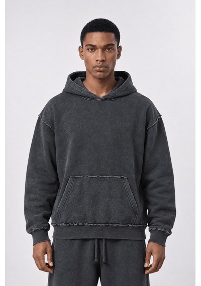 Respire Erkek Pis Dikiş Detaylı Yıkamalı Basic Oversize Hoodie Siyah